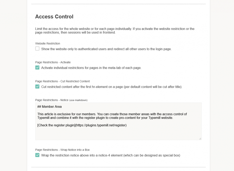 Screenshot access control settings of Typemill