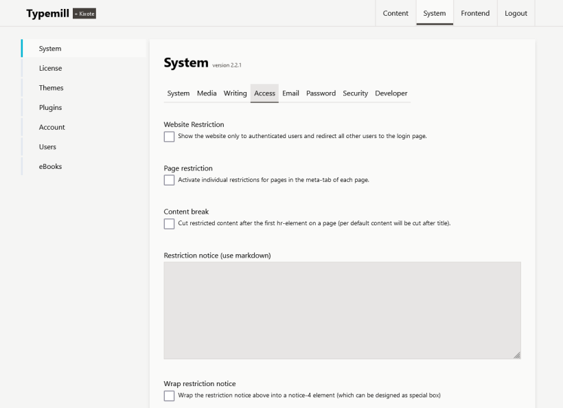 Screenshot: Configure role-based access to your Typemill website.