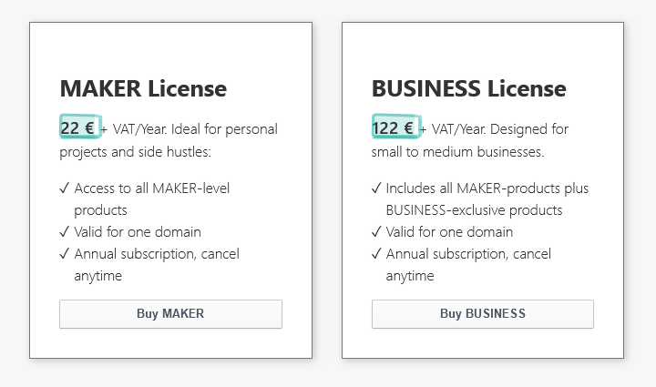 Screenshot of the license pricing page on the Typemill website