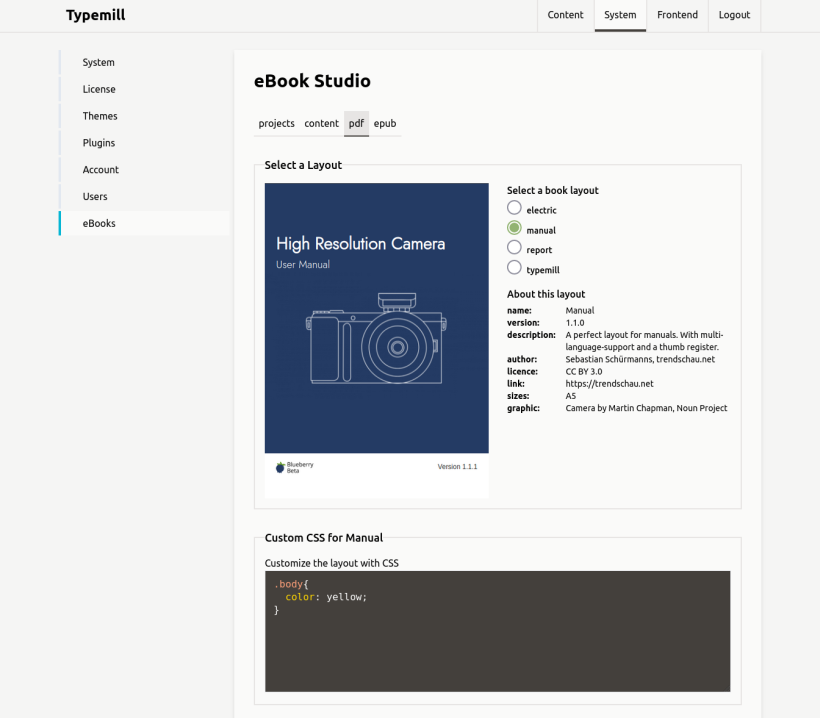 Screenshot of the ebook publishing interface