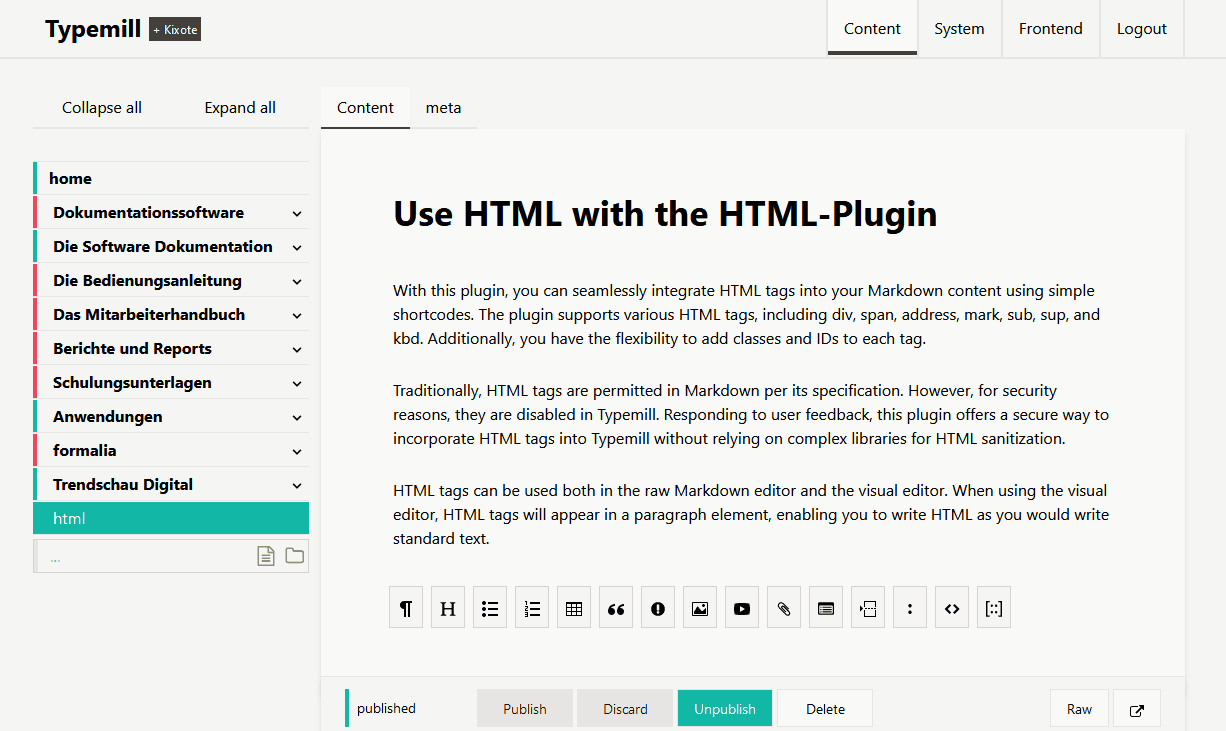 An animated gif demonstrates the html-plugin for Typemill