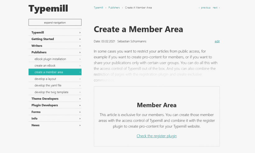 Screenshot member area for Typemill