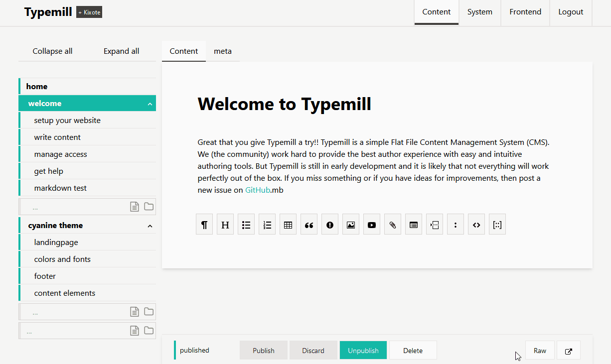 An animated gif demonstrates the publish bar of Typemill