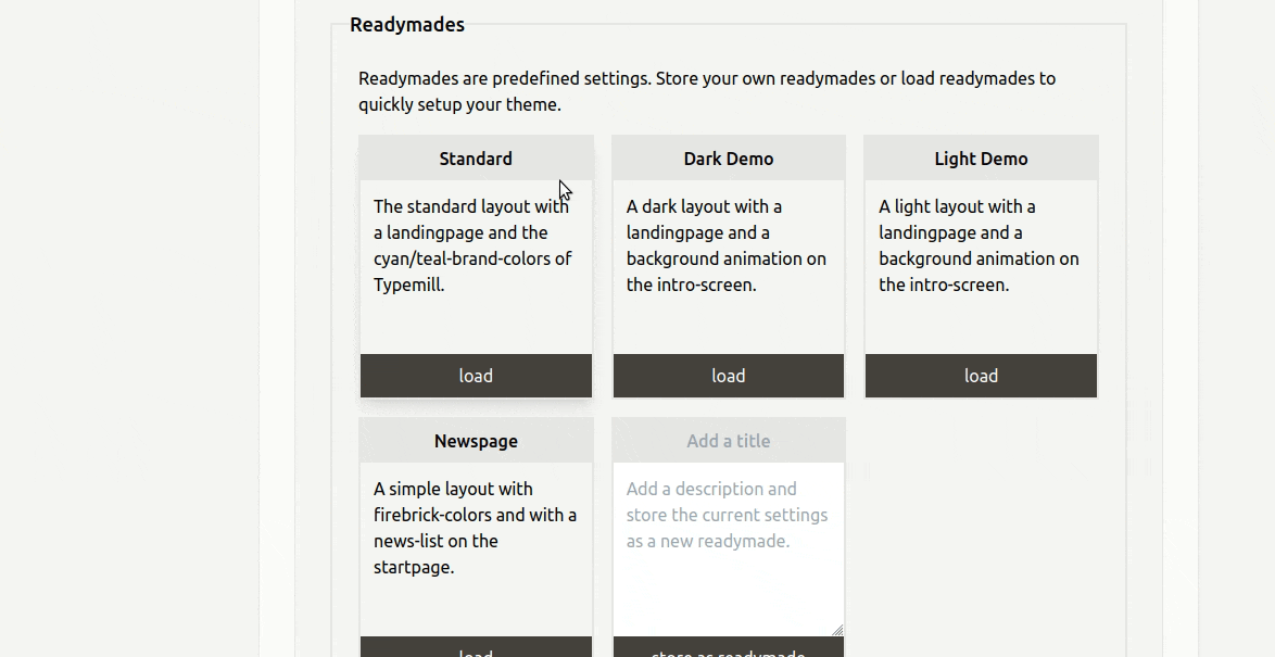 Select readymades in the theme settings