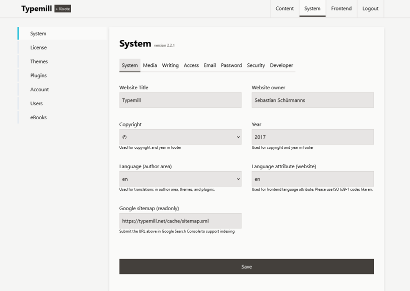 Screenshot of the system settings of Typemill