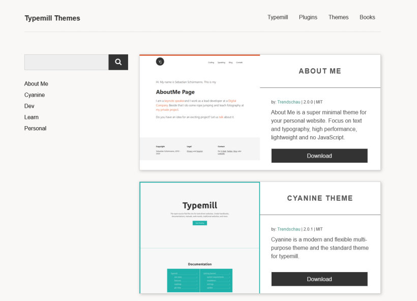Screenshot of the theme marketplace of Typemill
