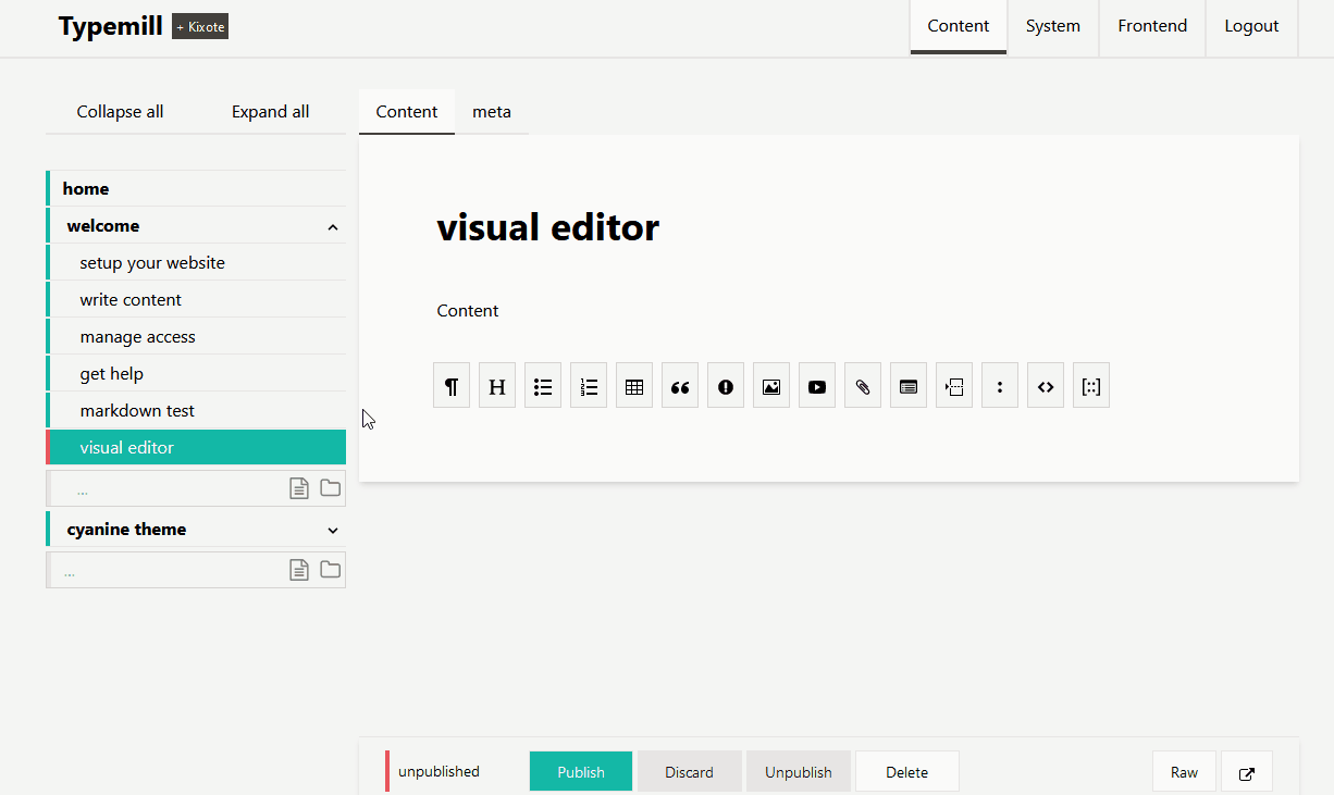Demonstration of the visual and raw markdown editor of Typemill