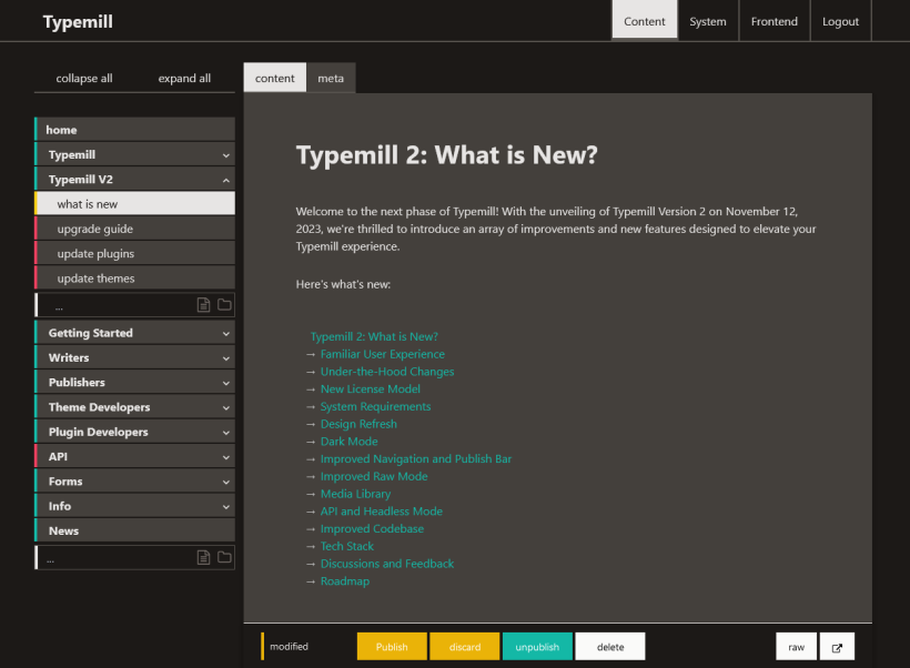 Screenshot dark mode of typemill version 2