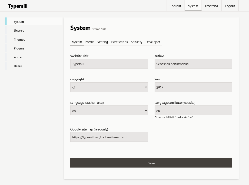 Screenshot admin interface of typemill version 2