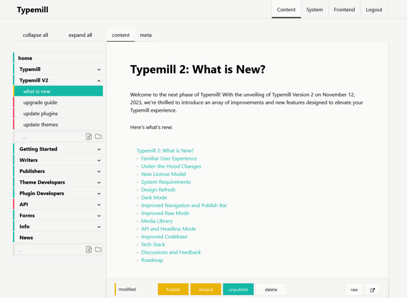 Screenshot visual editor of typemill version 2