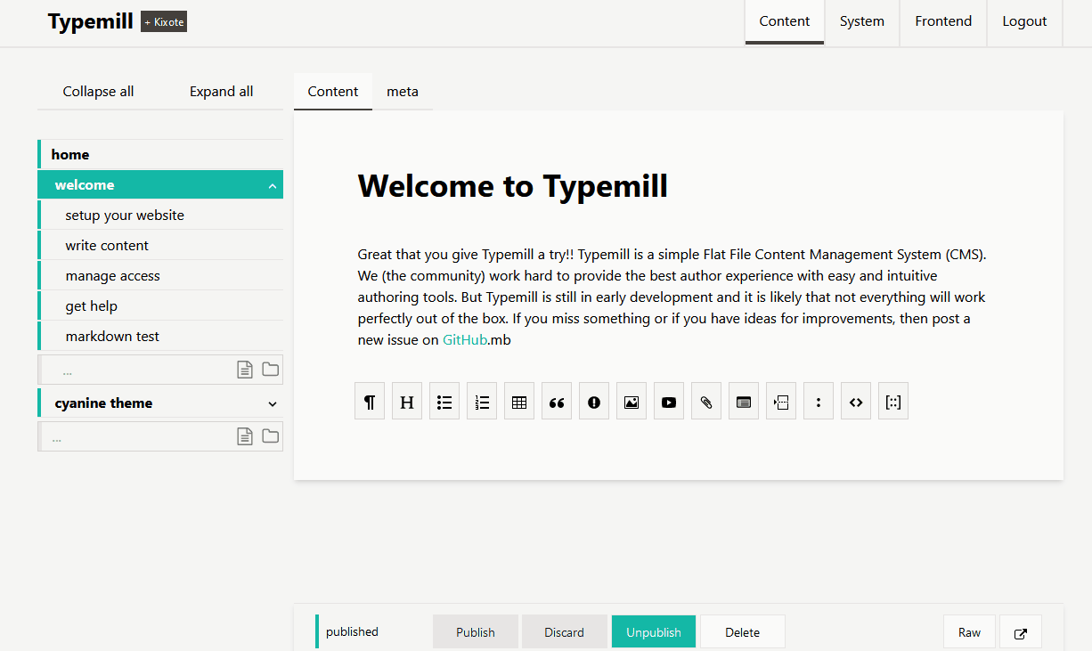 An animated gif demonstrates the visual editor of Typemill